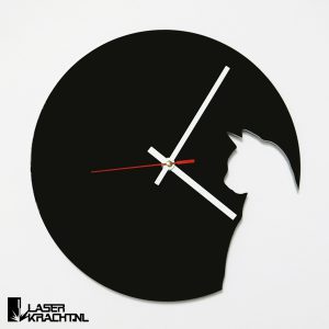 Klok wandklok kat katten poes poezen dier poesliefhebber lasersnijder lasercutter acrylaat plexiglas perspex zwart wit stil uurwerk slepende wijzer Laserkracht