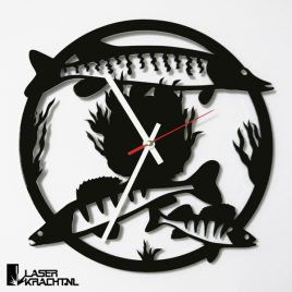Klok wandklok vissen visser roofvis roofvissen roofvisser snoek snoekbaars baars acrylaat plexiglas perspex zwart wit lasersnijder lasercutter stil uurwerk slepende wijzer Laserkracht