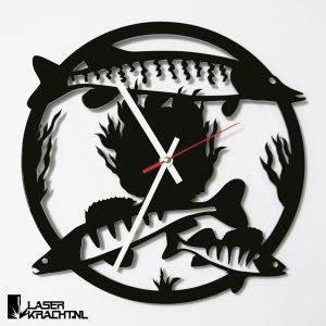 Klok wandklok vissen visser roofvis roofvissen roofvisser snoek snoekbaars baars acrylaat plexiglas perspex zwart wit lasersnijder lasercutter stil uurwerk slepende wijzer Laserkracht